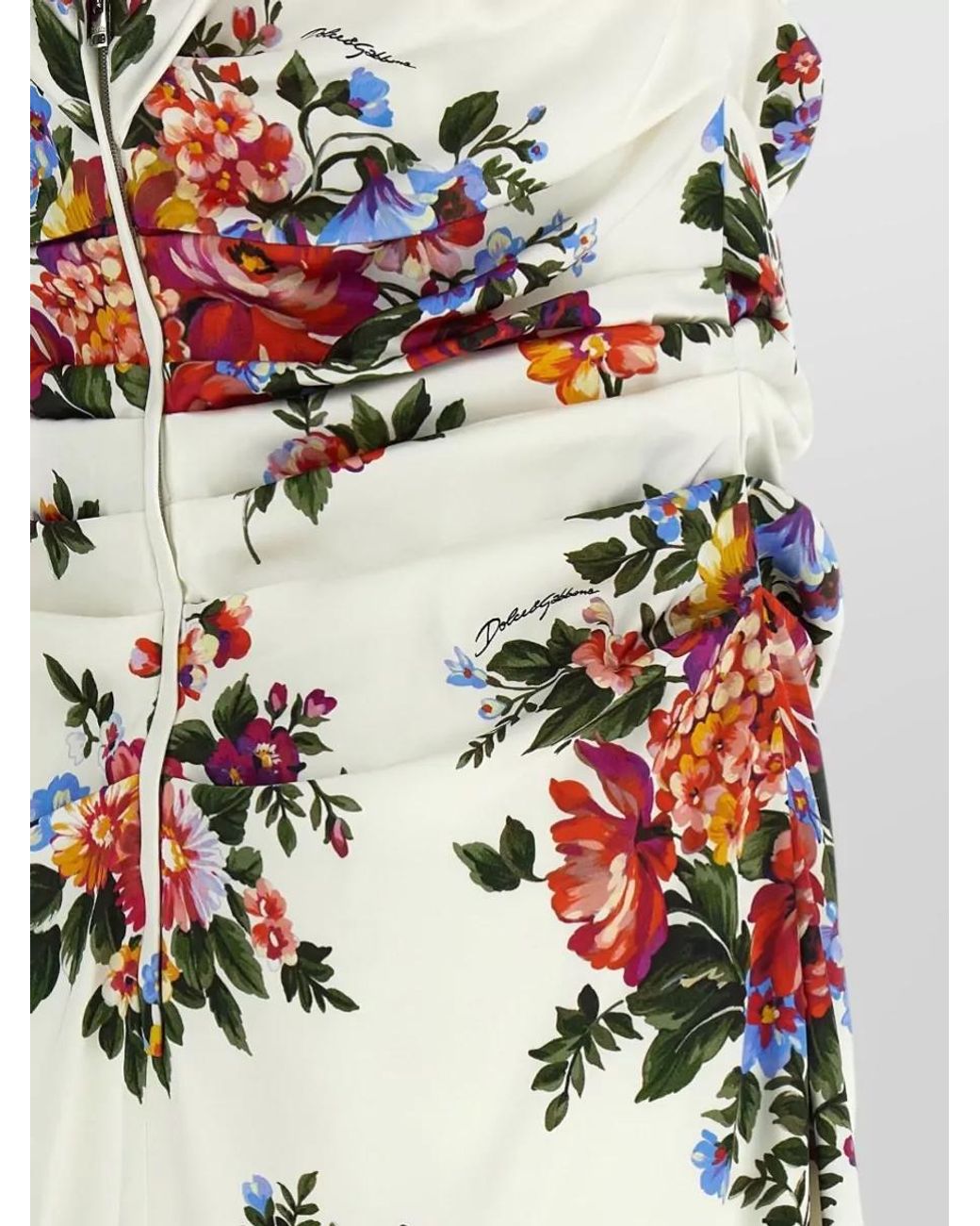 Dolce & Gabbana White Viscose Satin Floral Print Draped V-Neck Sleeveless Knee-Length Dress