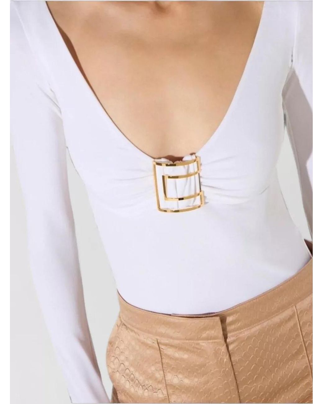 Elisabetta Franchi White Draped Slim-Fit Long-Sleeve Bodysuit