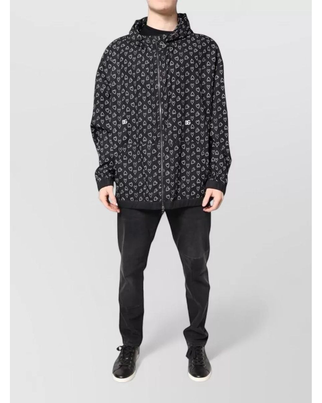 Dolce & Gabbana Gray Heart Print Hooded Windbreaker Jacket for men