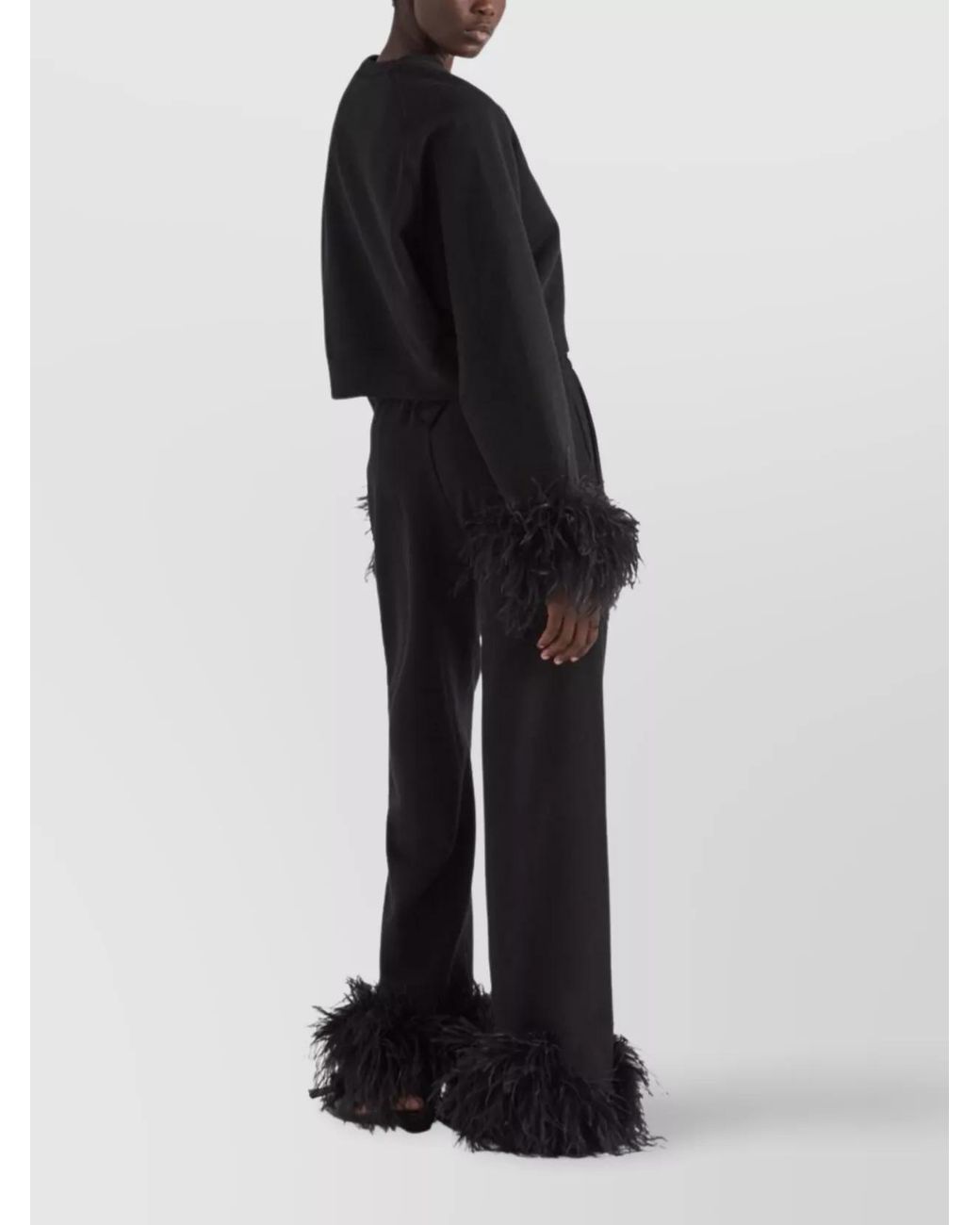 Prada Black Feather Trim High-Rise Wide-Leg Trousers