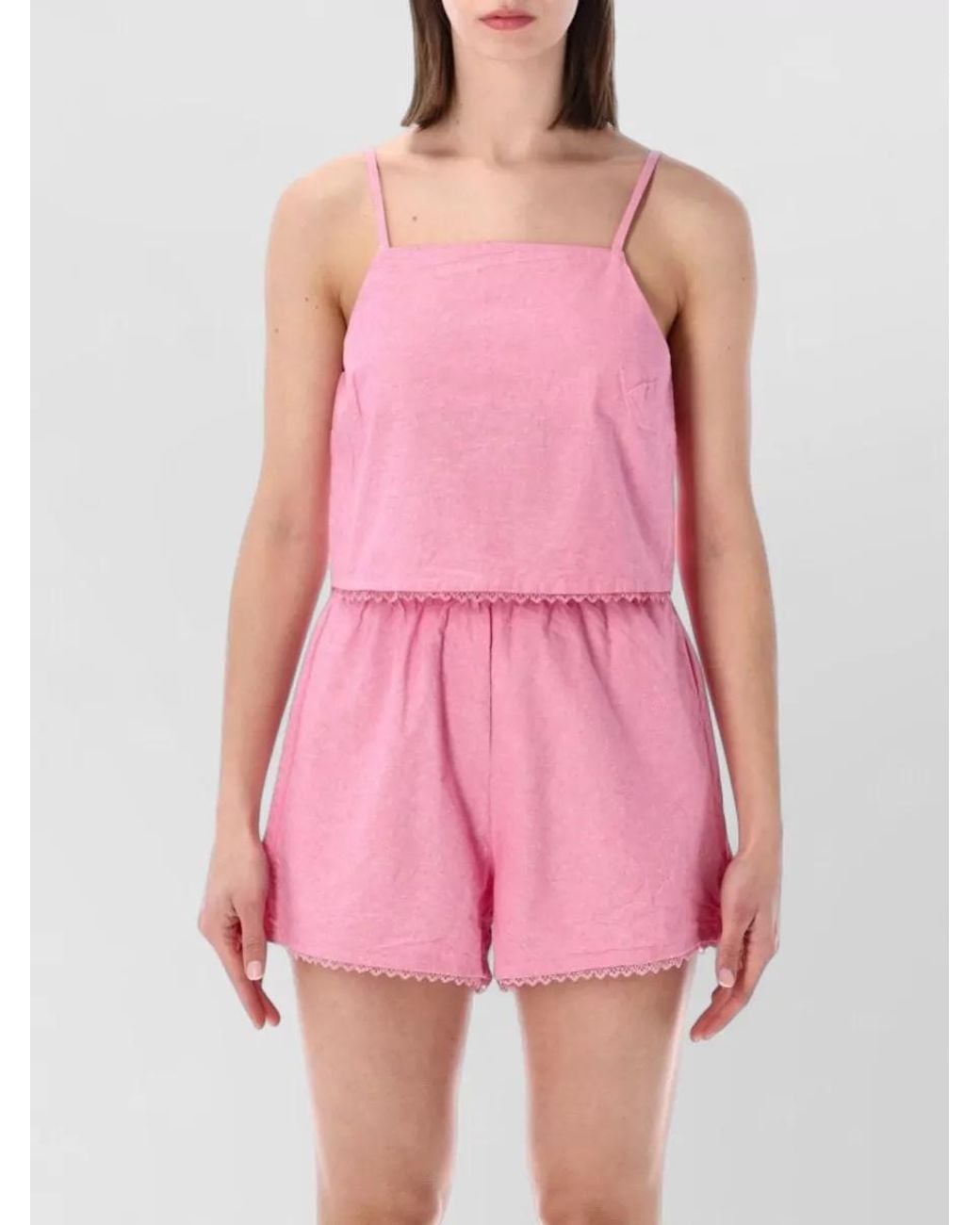 American Vintage Pink Cotton Lace-Trim Cropped Pyjama Top