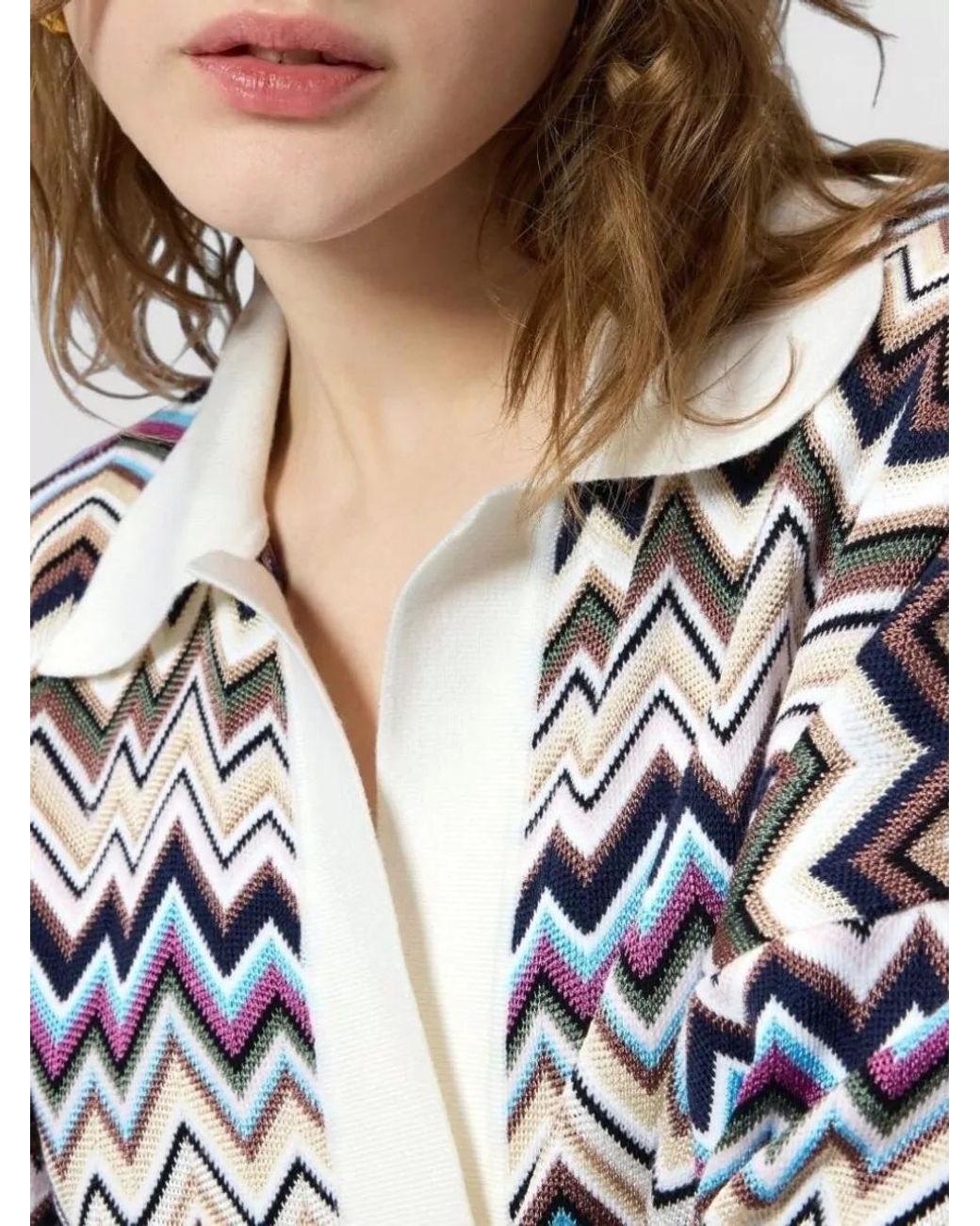 Missoni White Zigzag Knit Oversized V-Neck Long-Sleeve Polo Jumper