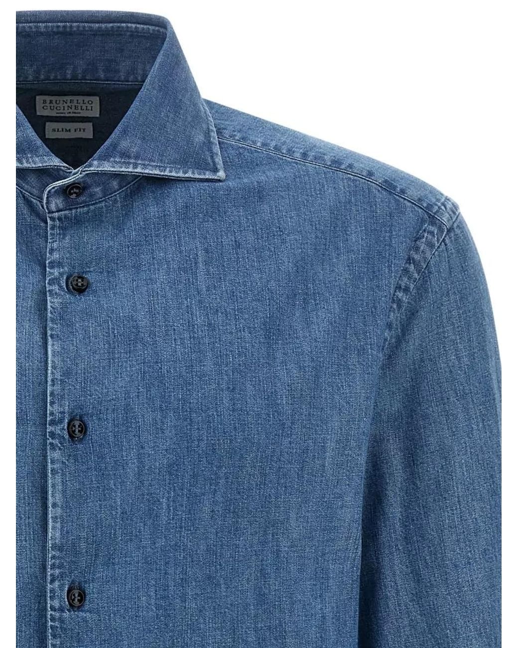 Brunello Cucinelli Blue Denim Slim-Fit Long-Sleeve Shirt for men