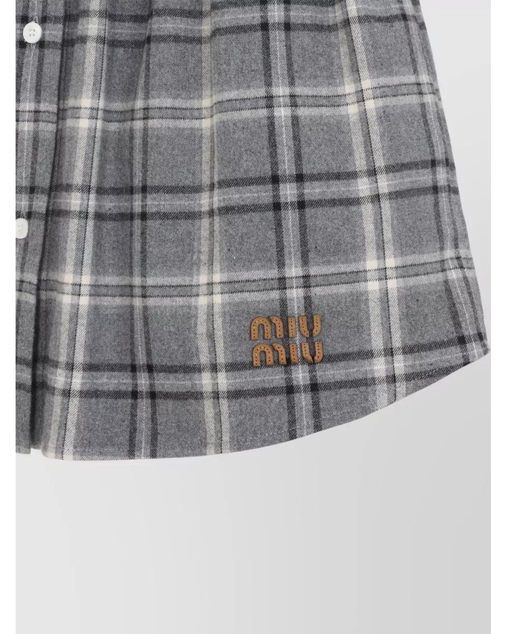 Miu Miu Gray Cotton Check Pleated Mini Skirt