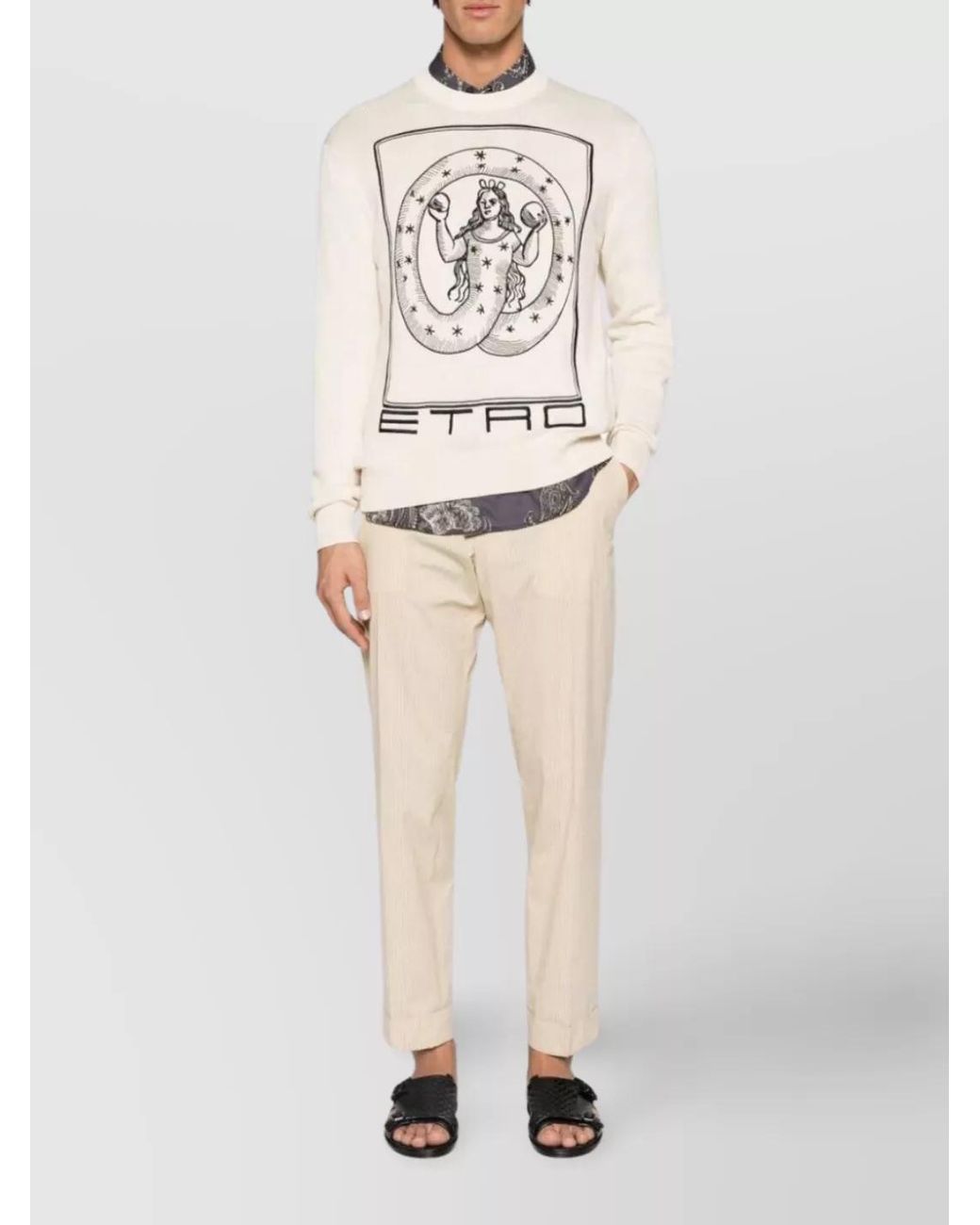 Etro Natural Cotton Logo Embroidered Crew Neck Sweater for men