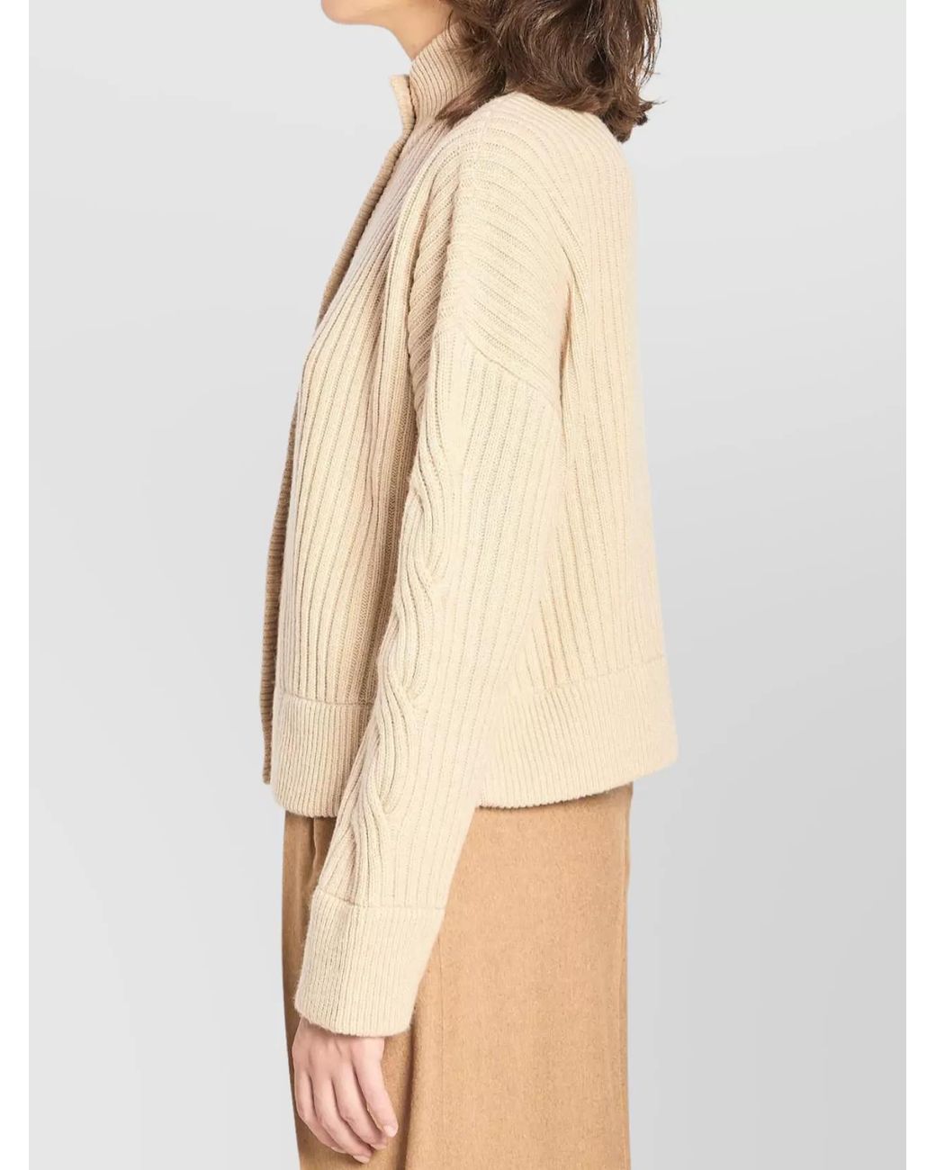 Max Mara Natural Cashmere Wool Ribbed High-Collar Cropped Cardigan