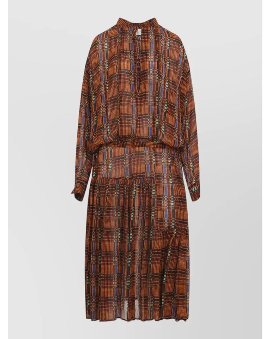 Dries Van Noten Brown Printed Gathered Long-Sleeve Midi Dress