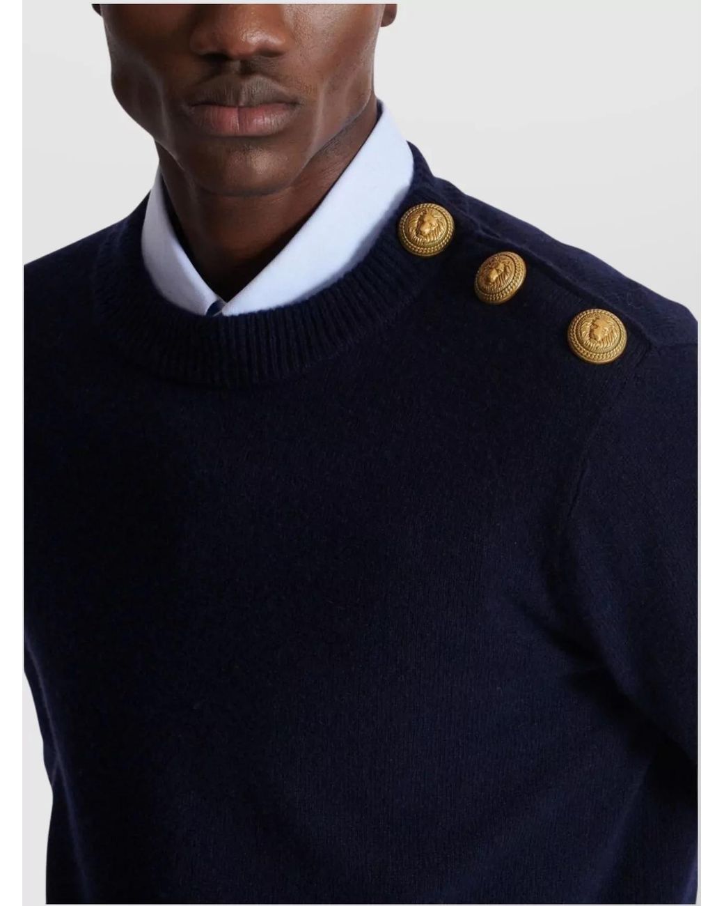 Balmain Blue Cashmere-Blend Buttoned Crew-Neck Sweater for men