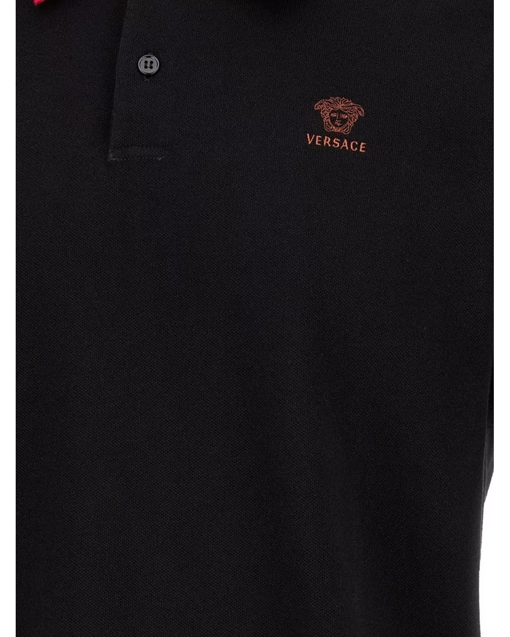 Versace Black Cotton Piqué Short-Sleeve Polo Shirt for men