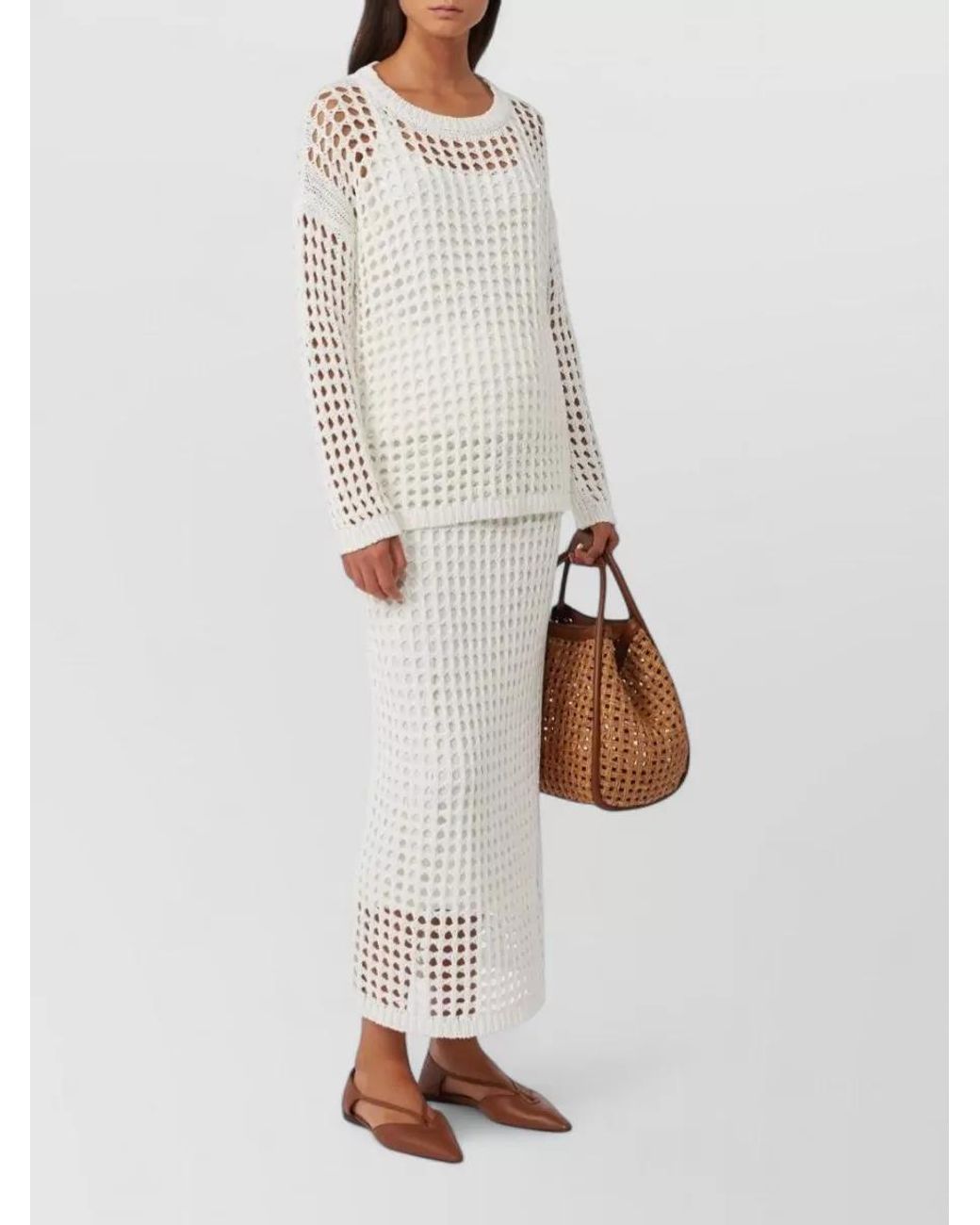 Max Mara White Cotton Ribbed Mesh Straight Skirt