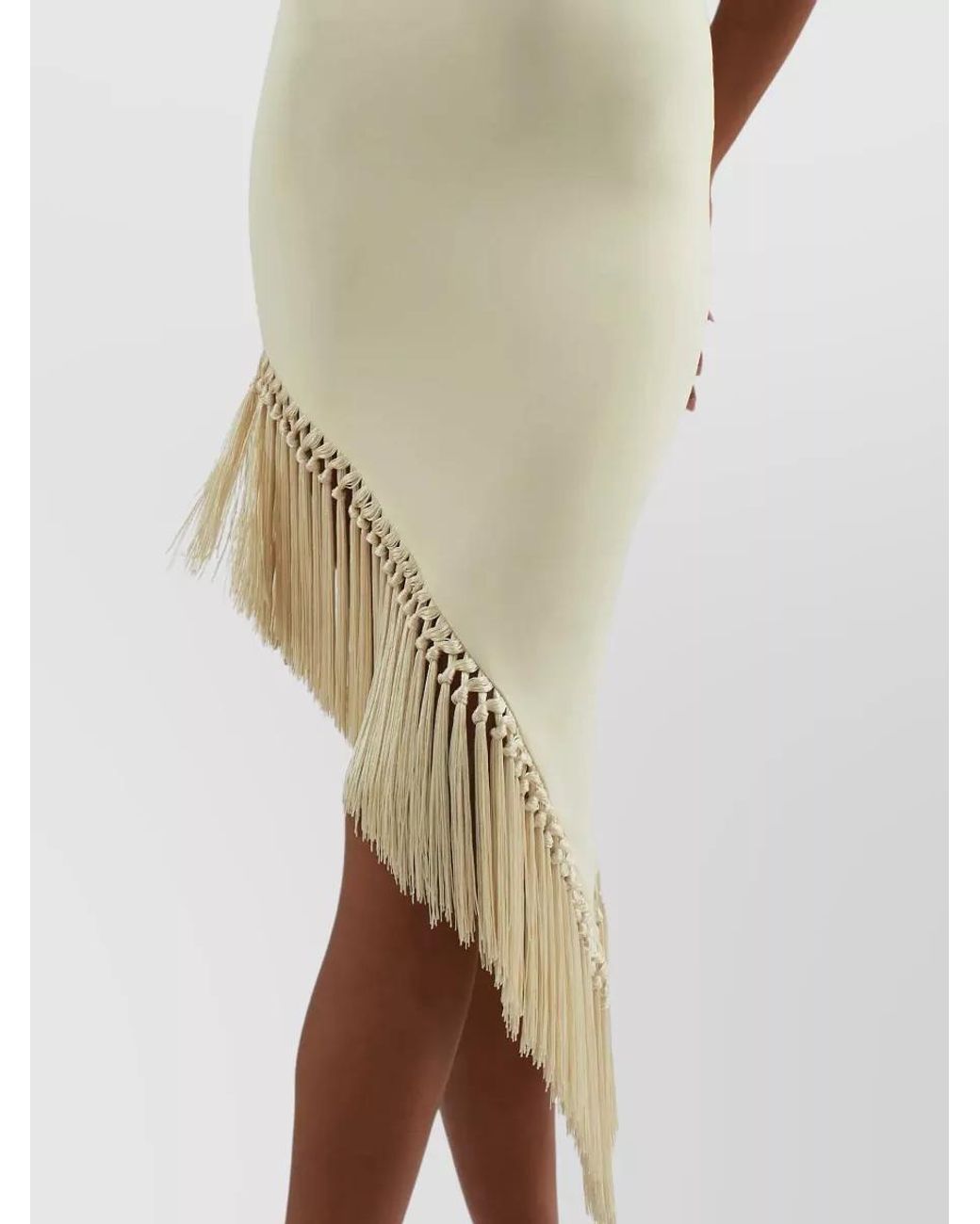 Taller Marmo White Fringe Asymmetric One-Shoulder Midi Dress