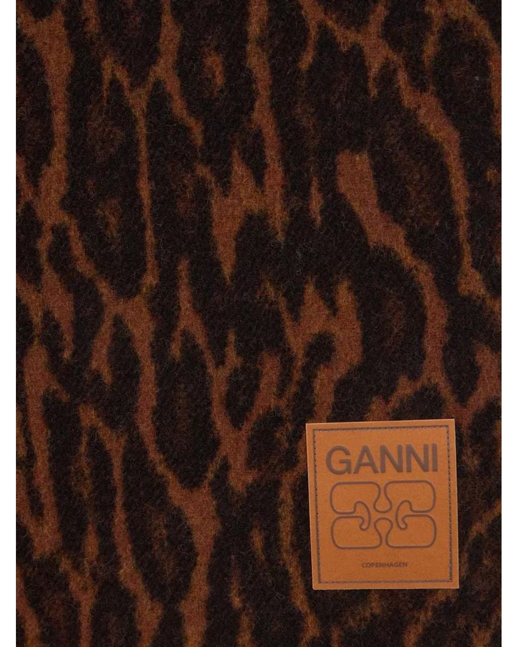 Ganni Brown Leopard-Print Wool Scarf