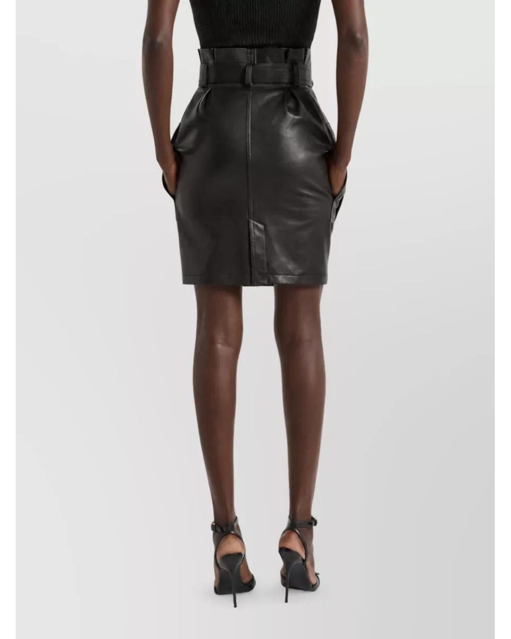 Balmain Black Leather High-Rise Belted Knee-Length Fitted Skirt