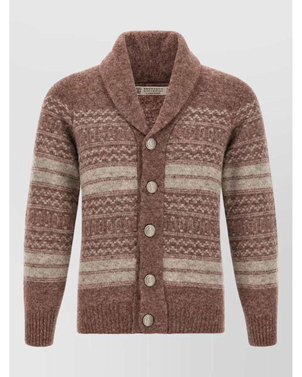 Brunello Cucinelli Brown Cashmere Alpaca Nordic Jacquard Shawl Collar Cardigan for men