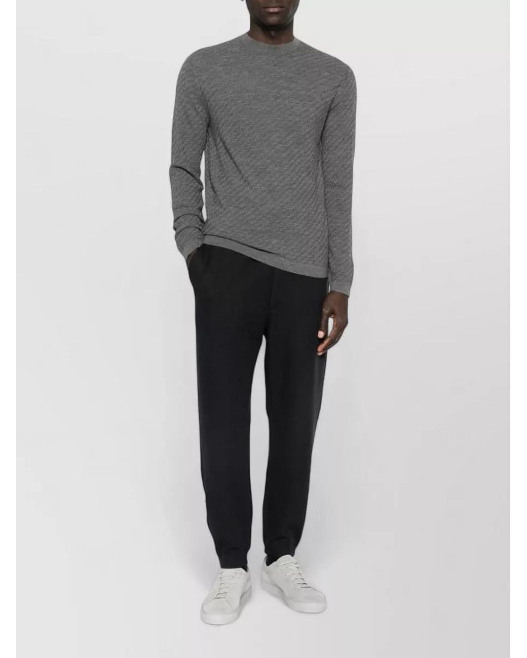 Emporio Armani Gray Virgin Wool Textured-Knit Crewneck Sweater for men