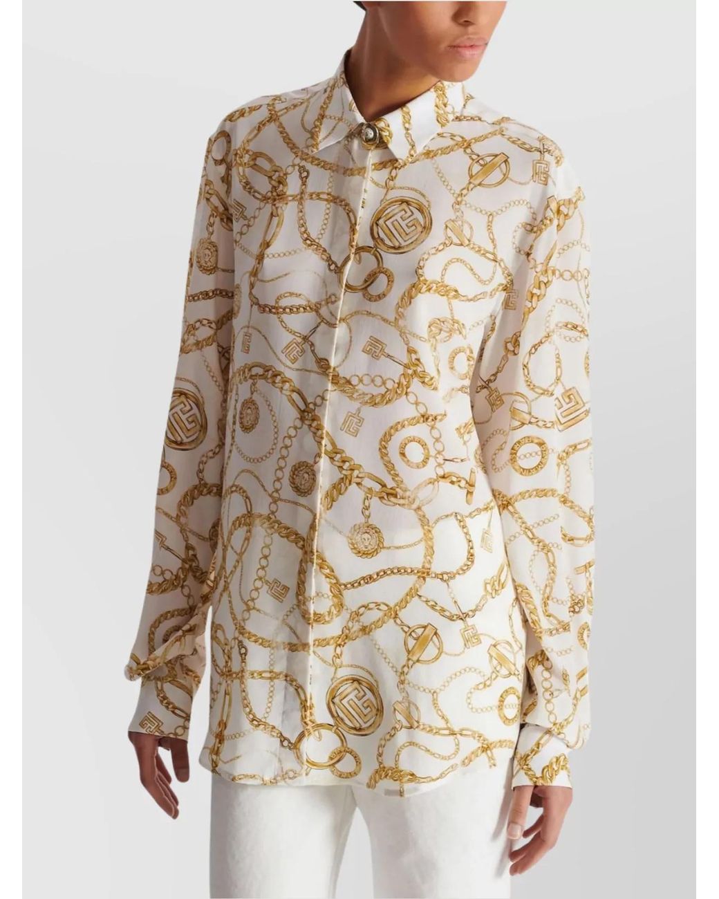 Balmain Natural Silk Printed Long-Sleeve Shirt