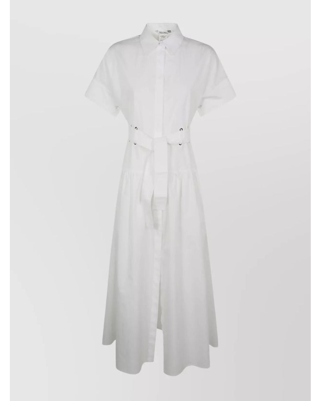 Max Mara White Cotton Belted Short Sleeve Midi Dress