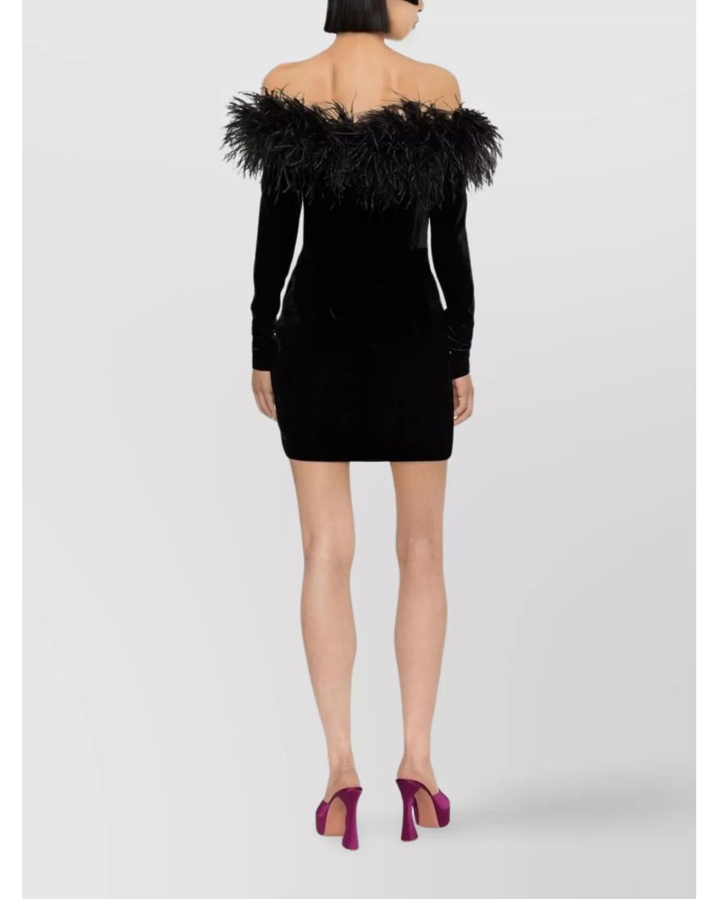 Alessandra Rich Black Feather Trim Velvet Strapless Long Sleeve Mini Dress