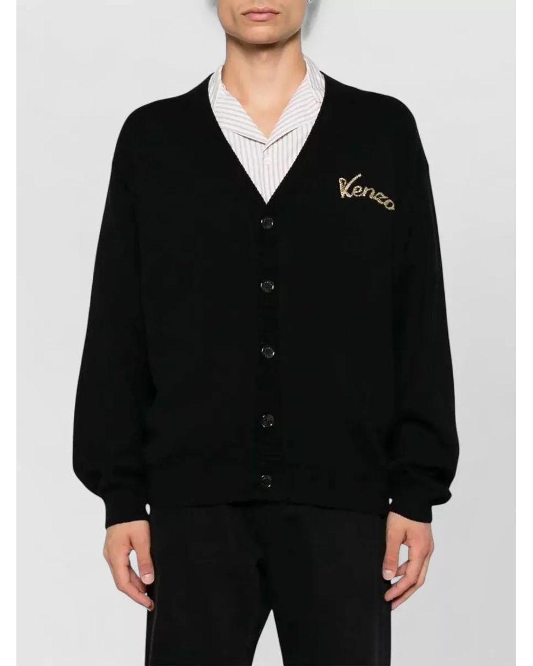 KENZO Black Wool Cotton Beaded V-Neck Cardigan for men