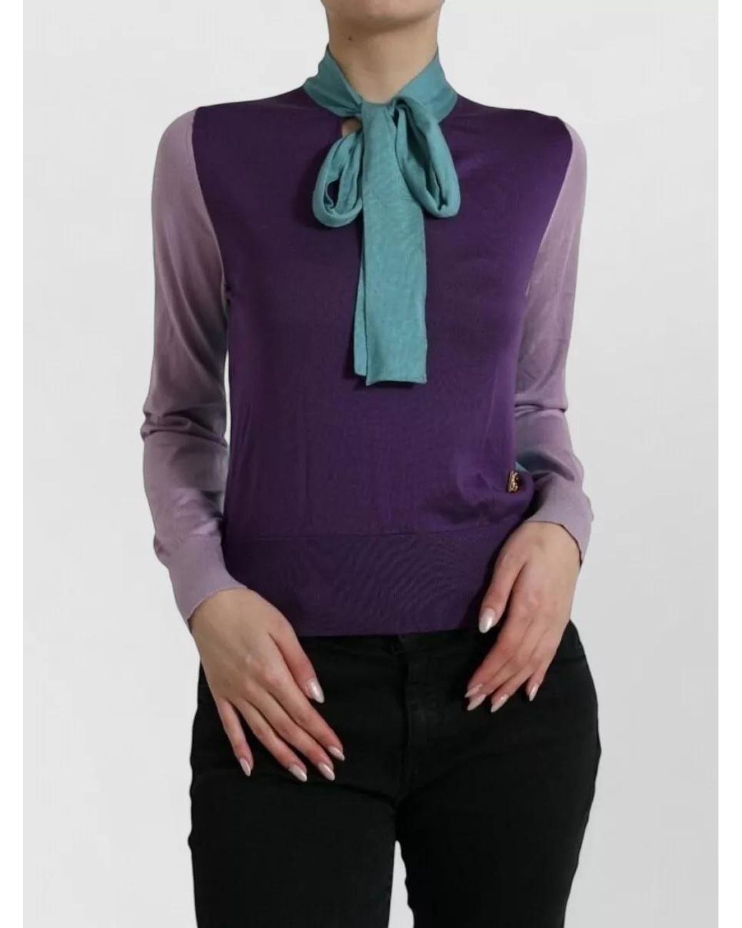 Dolce & Gabbana Blue Silk Tie Neck Sweater