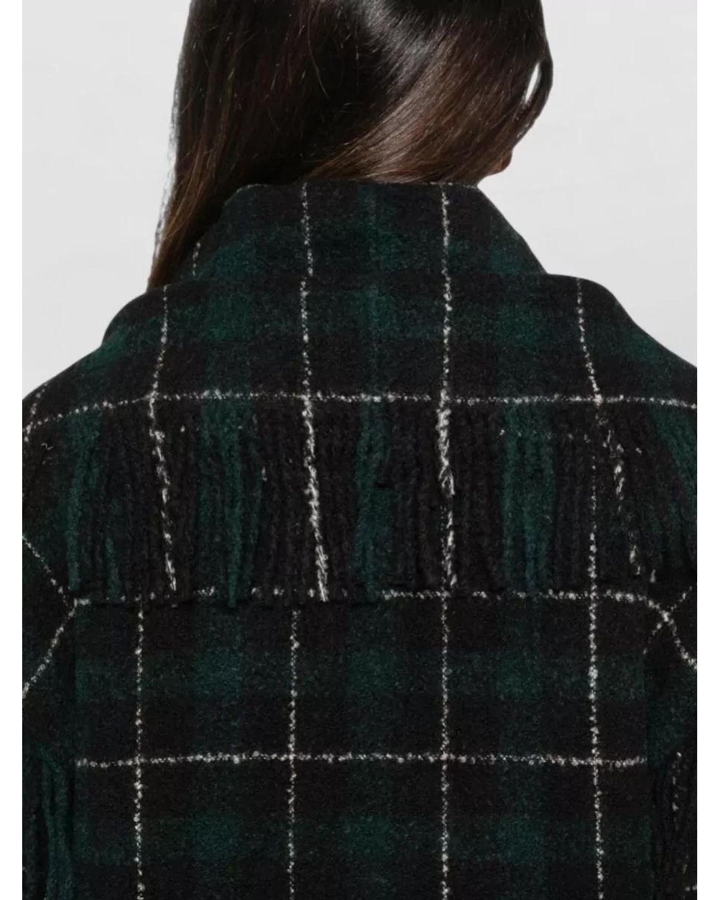 Totême  Black Wool Checked Fringed Cape Jacket