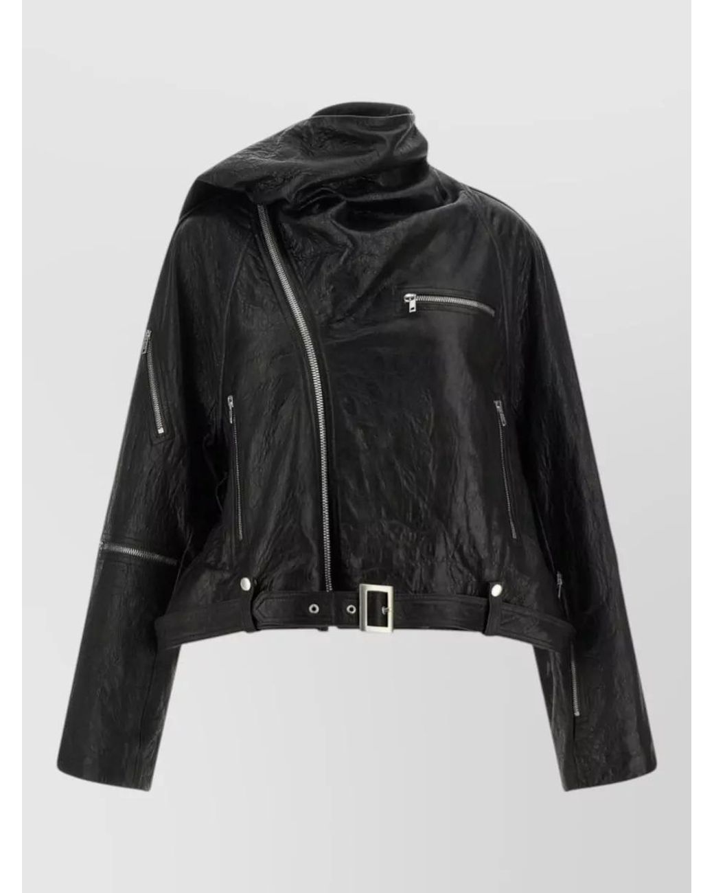 Rick Owens Black Leather Cropped Asymmetric Belted Jacket