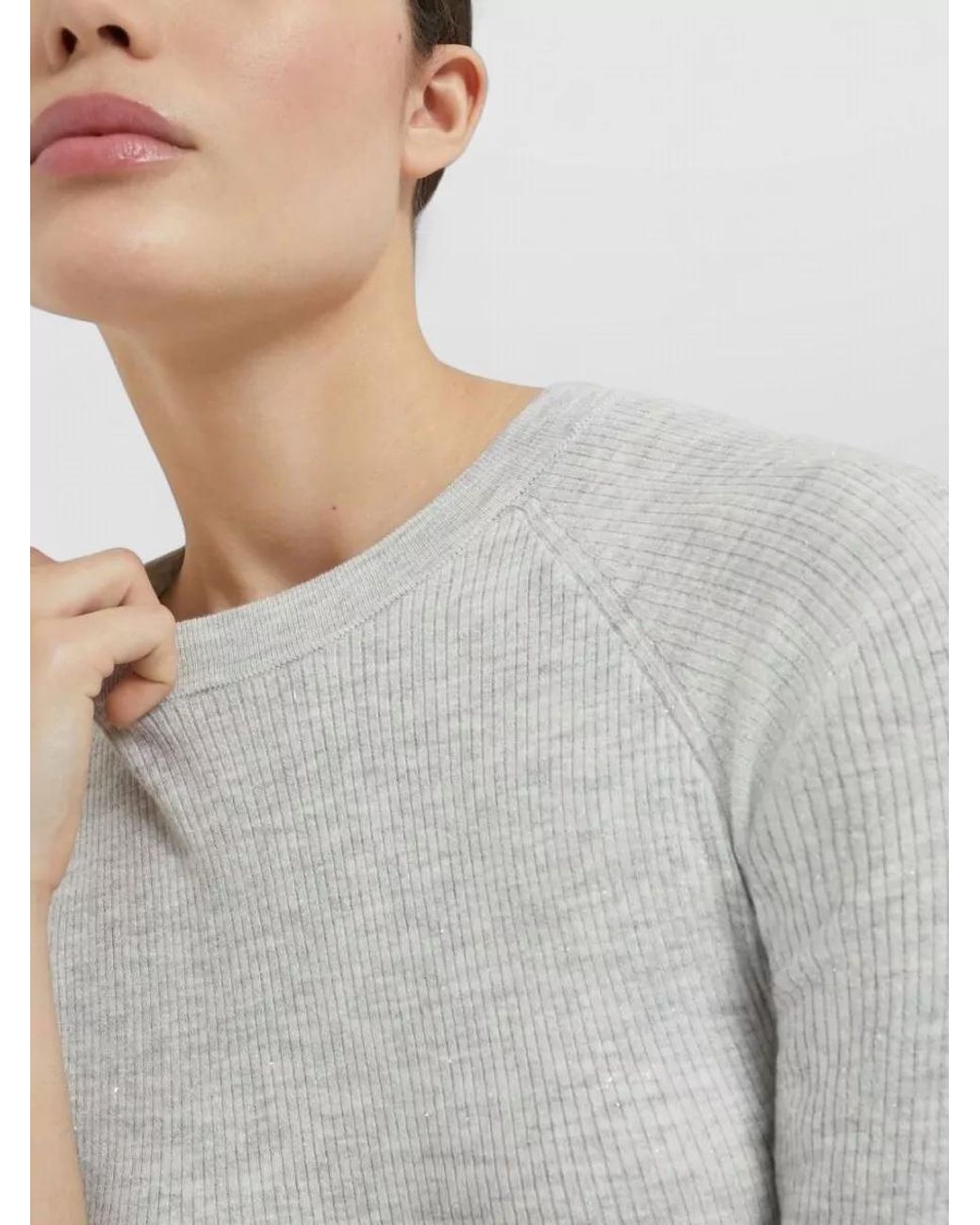 Brunello Cucinelli Gray Cashmere Ribbed Slim-Fit 3/4-Sleeve Sweater