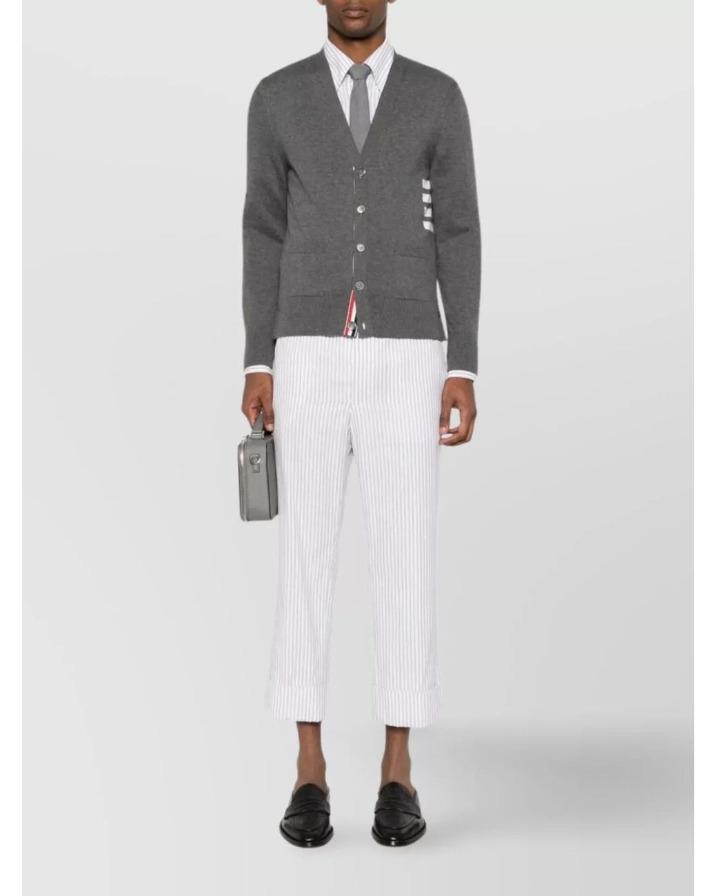 Thom Browne Gray Cotton Fine-Knit Relaxed-Fit V-Neck Cardigan for men