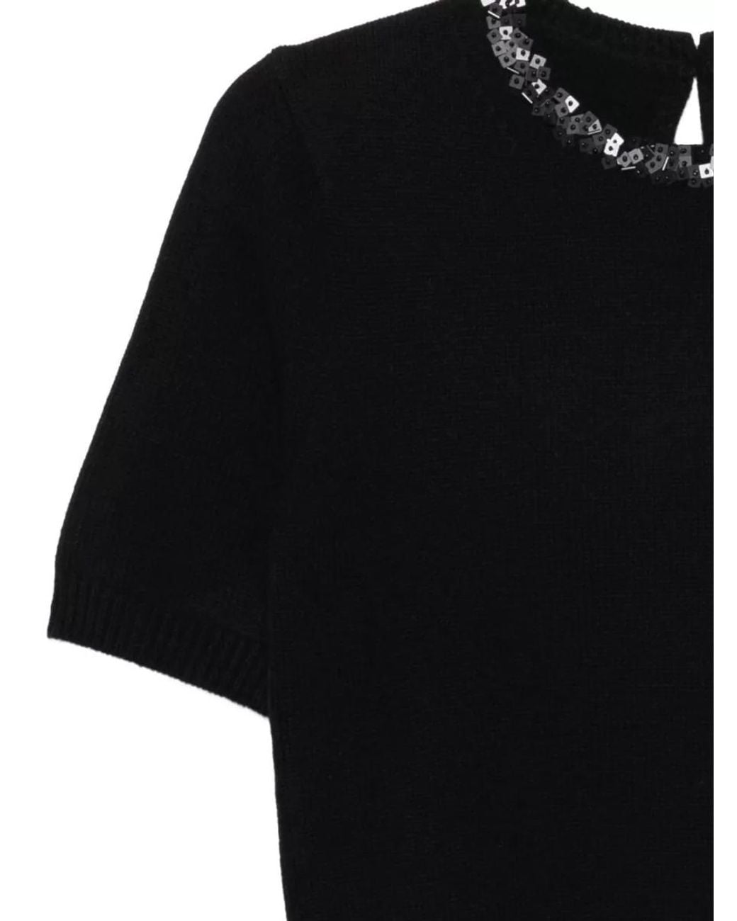 Semicouture Black Cashmere Wool Sequin-Embellished Short-Sleeve Crew-Neck Knitted Top