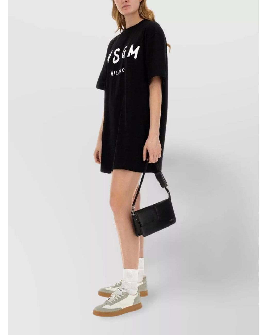 MSGM Black Cotton Logo-Print Short-Sleeve Mini Dress