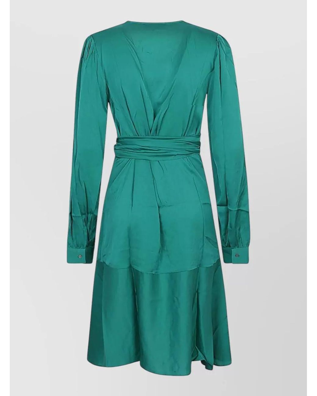 Silk95five Green Silk V-Neck Knotted Long-Sleeve Flared Mini Dress