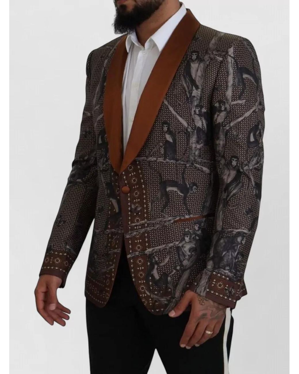 Dolce & Gabbana Black Silk Monkey Print Slim-Fit Blazer for men