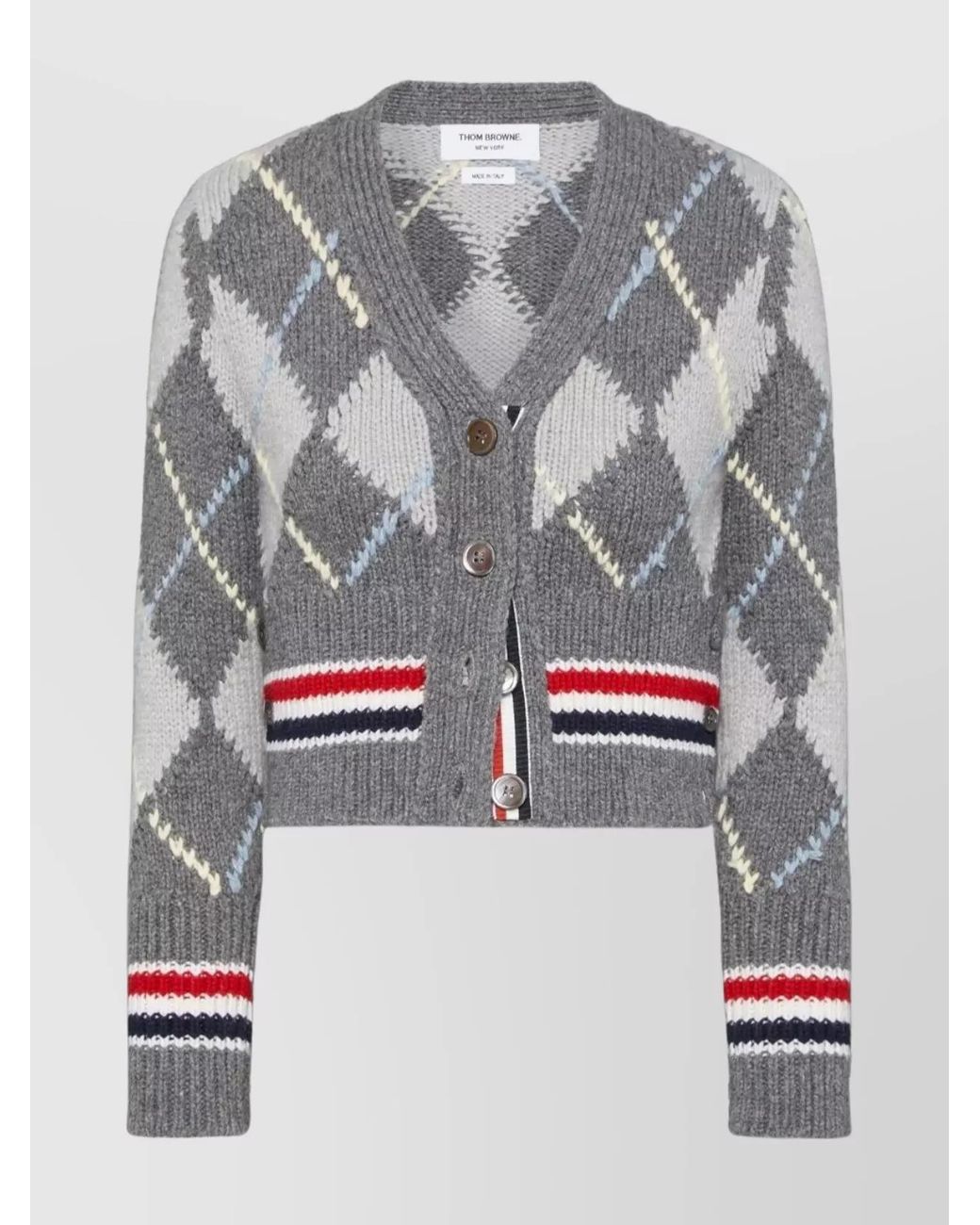 Thom Browne Gray Wool Argyle Chunky-Knit Cropped V-Neck Cardigan