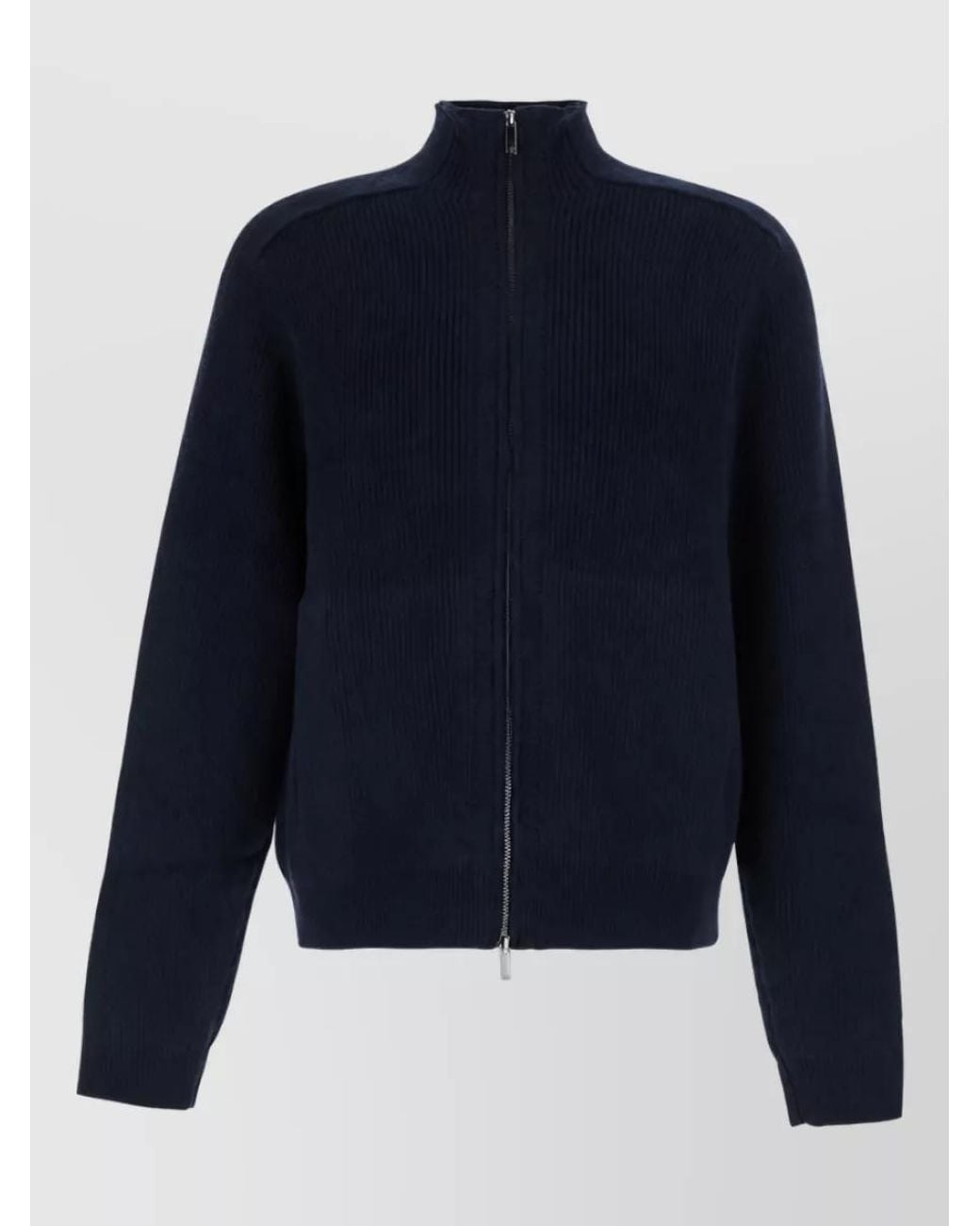 Emporio Armani Blue Ribbed Knit High Neck Wool Zip Jacket for men