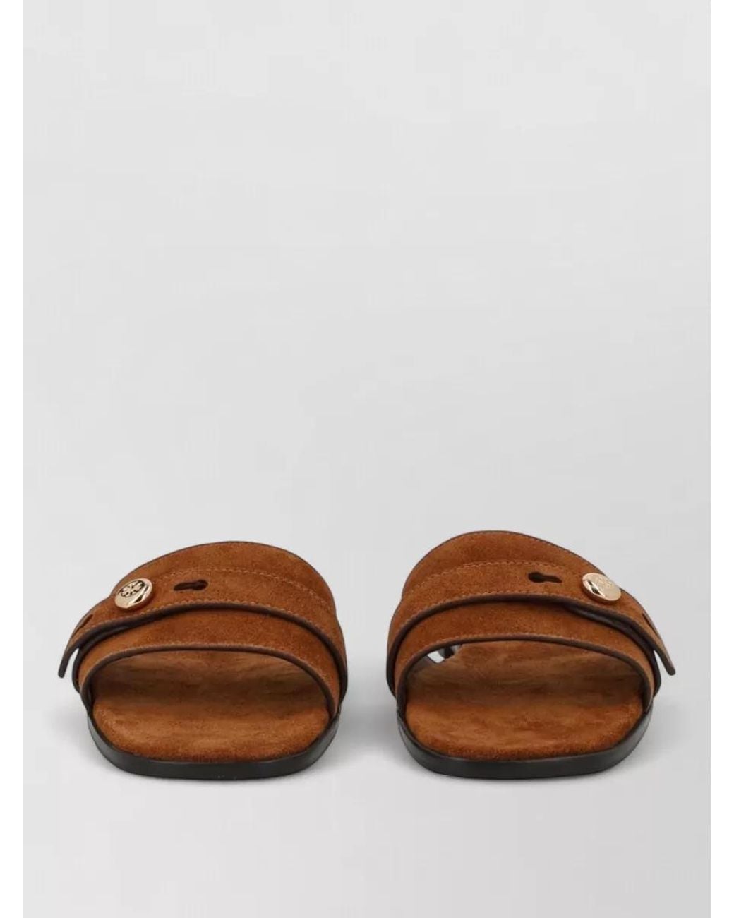 Tory Burch Brown Suede Logo-Plaque Slides