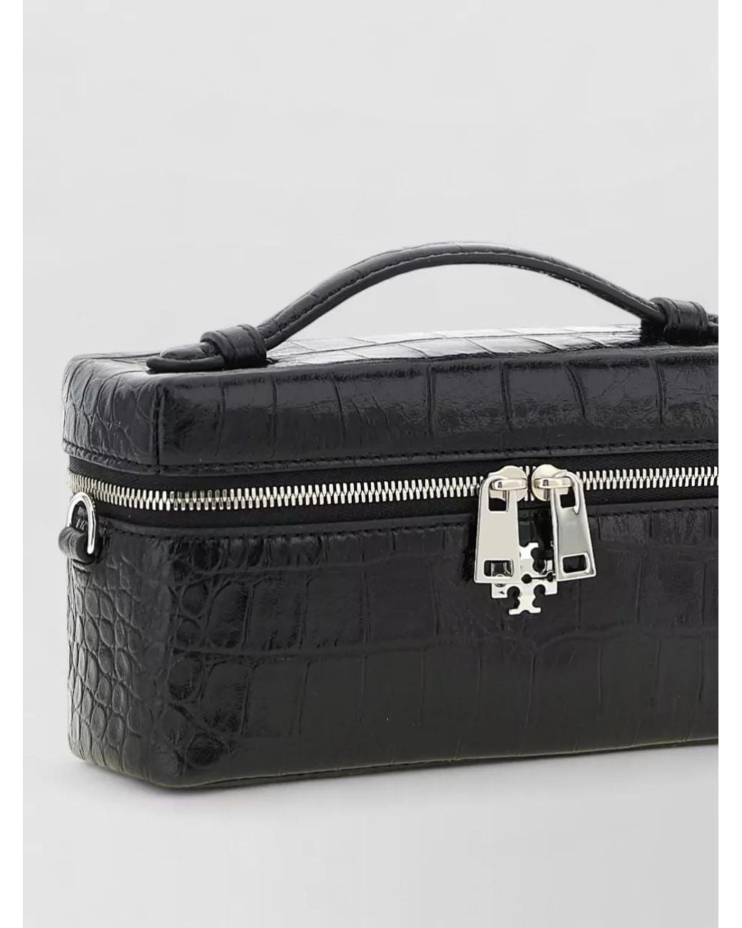 Tory Burch Black Na Lamb Leather Crocodile-Embossed Clutch Bag