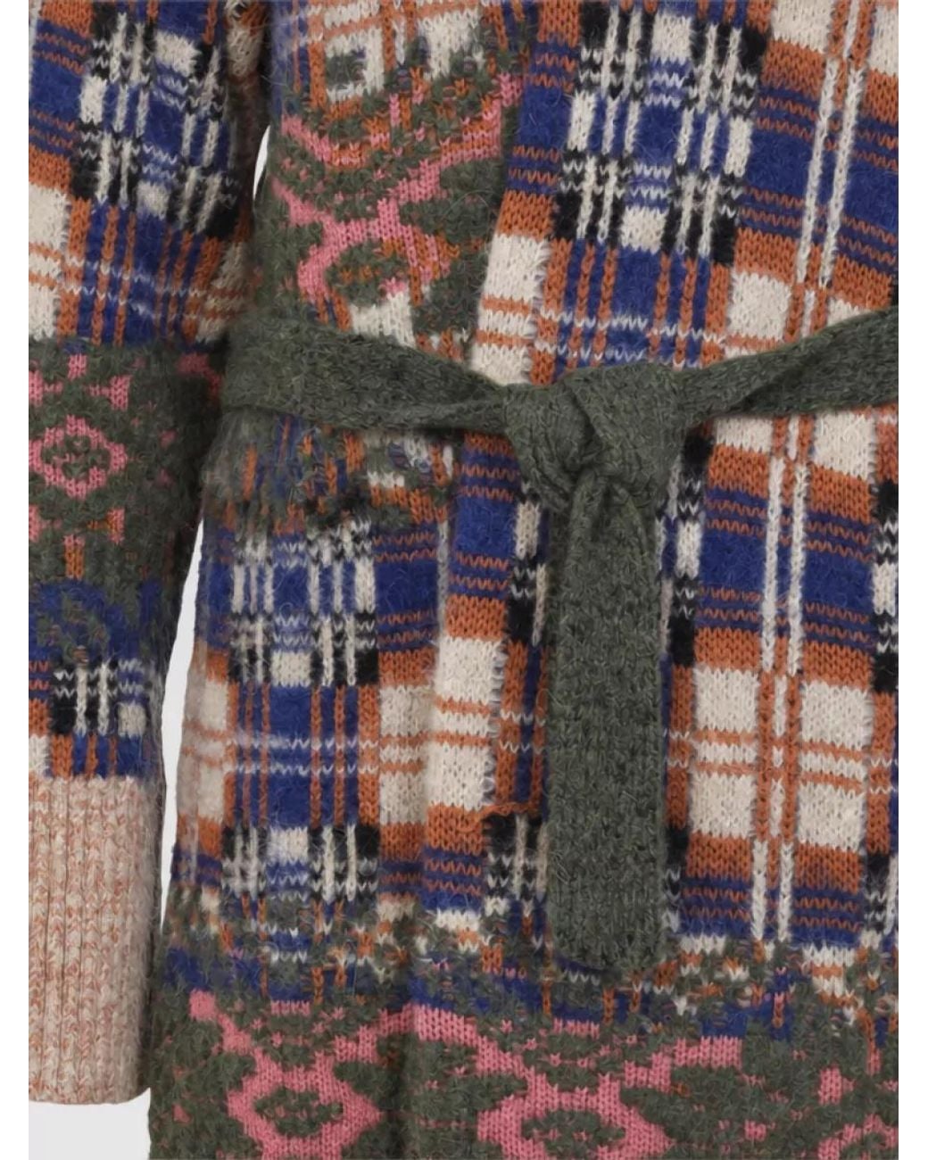 Dries Van Noten White Wool Alpaca Jacquard Checked Belted Long Knit Coat