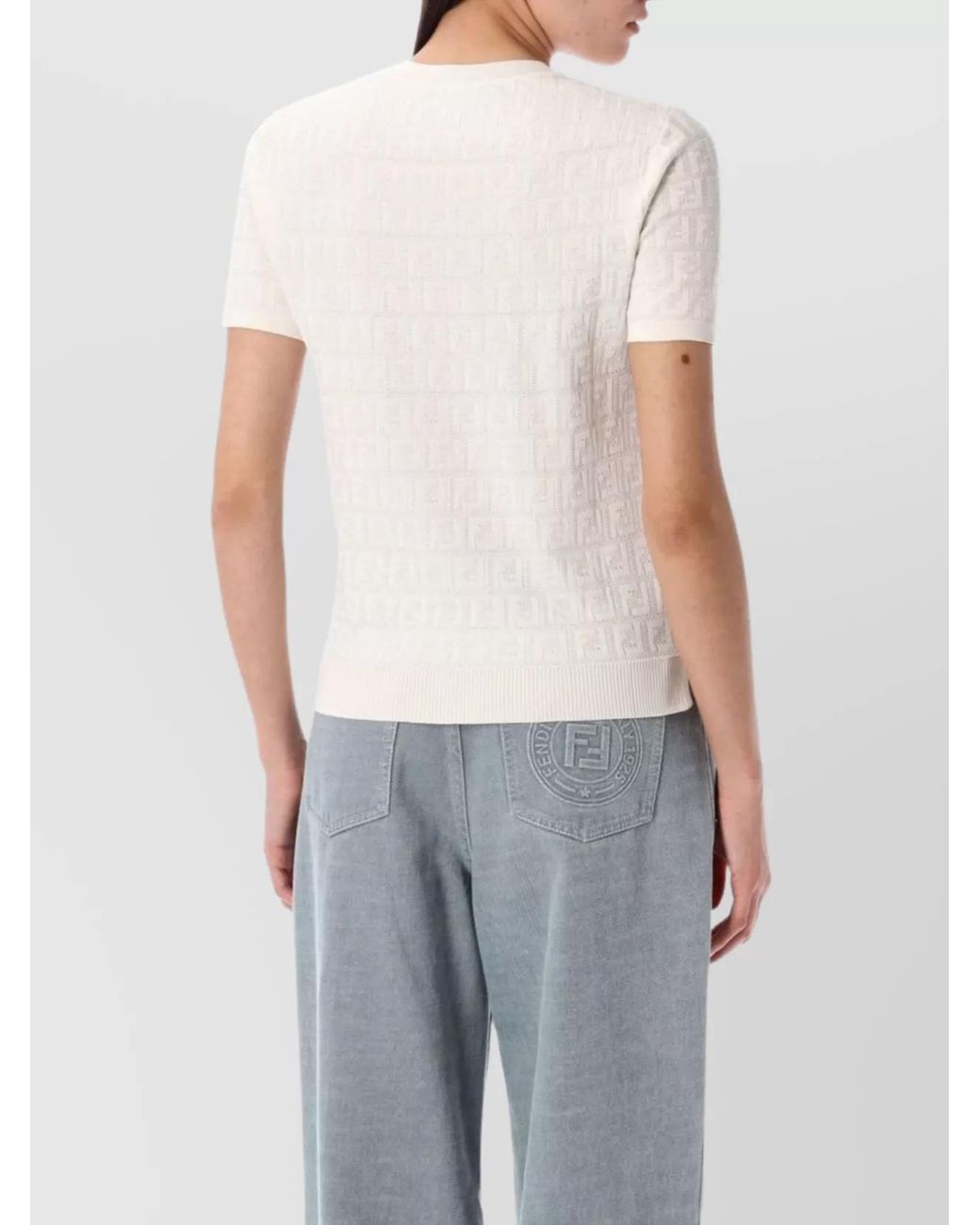 Fendi Blue Cotton Blend Ribbed Knit Short-Sleeve T-Shirt