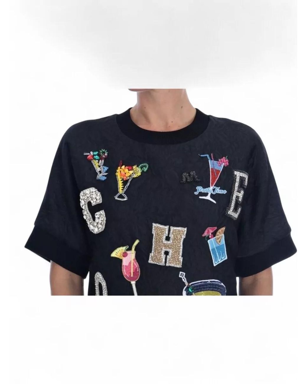 Dolce & Gabbana Blue Silk Crystal-Embellished Short-Sleeve Sweater