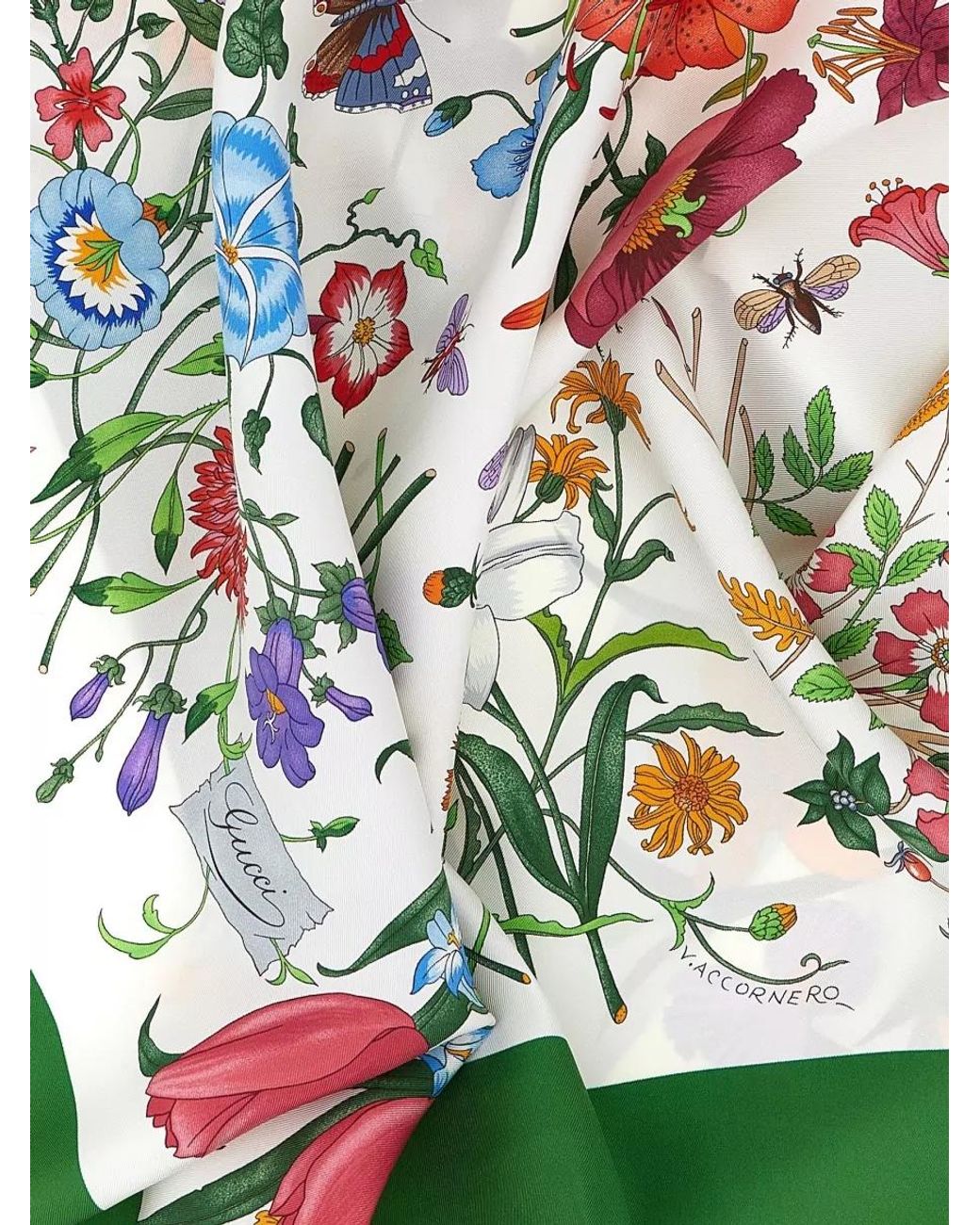 Gucci Green Silk Floral Print Logo Foulard