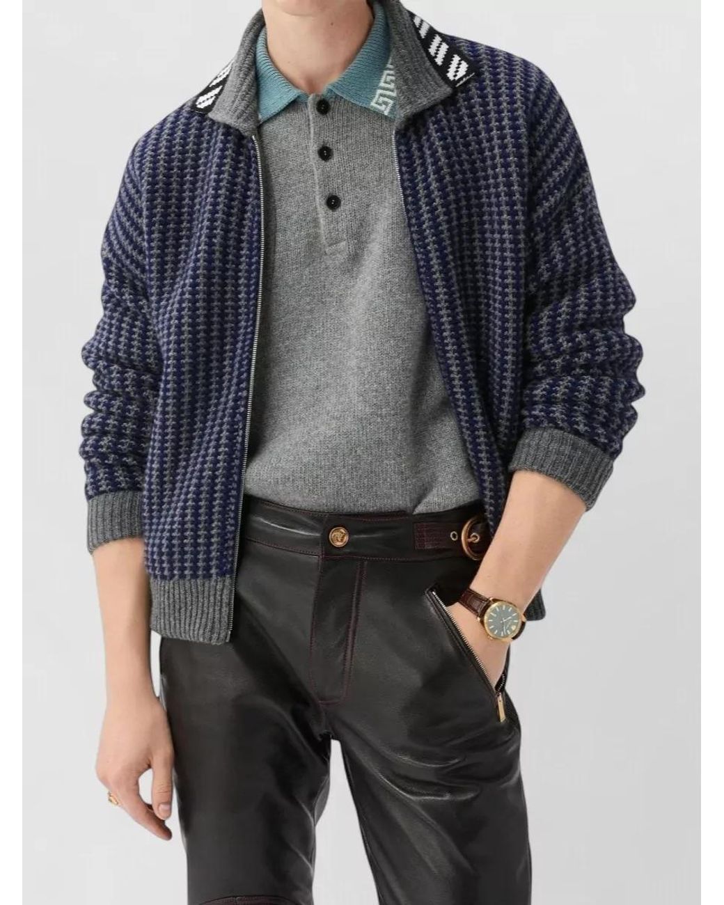 Versace Blue Virgin Wool Waffle-Knit Zip Cardigan for men
