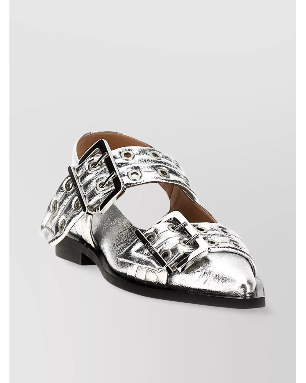 Ganni Metallic Leather Buckle Slingback Ballerina Shoes