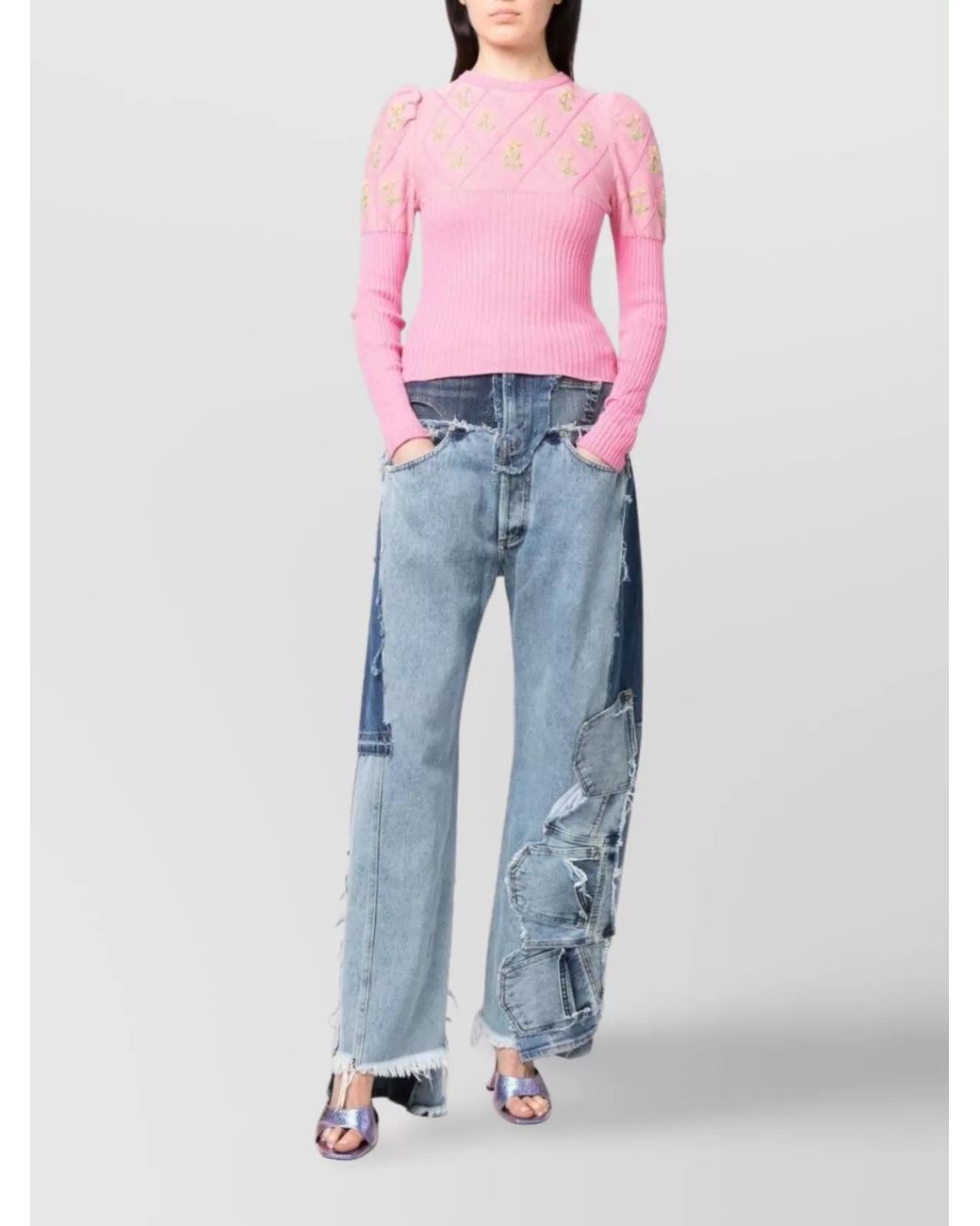 Cormio Pink Metallic Knit Floral Embroidered Long-Sleeve Top