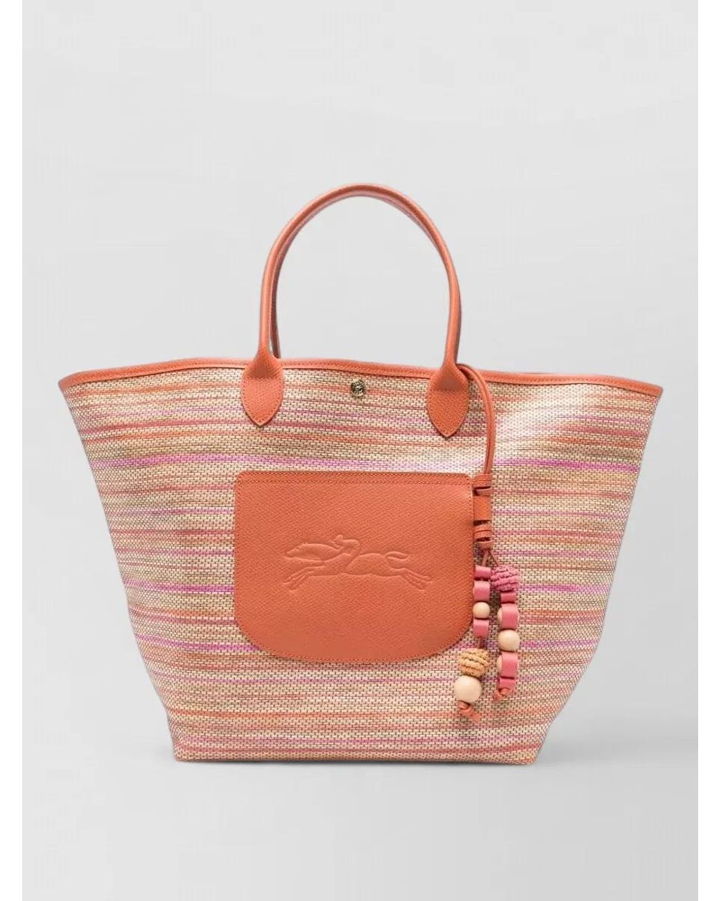 Longchamp Orange Raffia-Effect Canvas Tote Bag