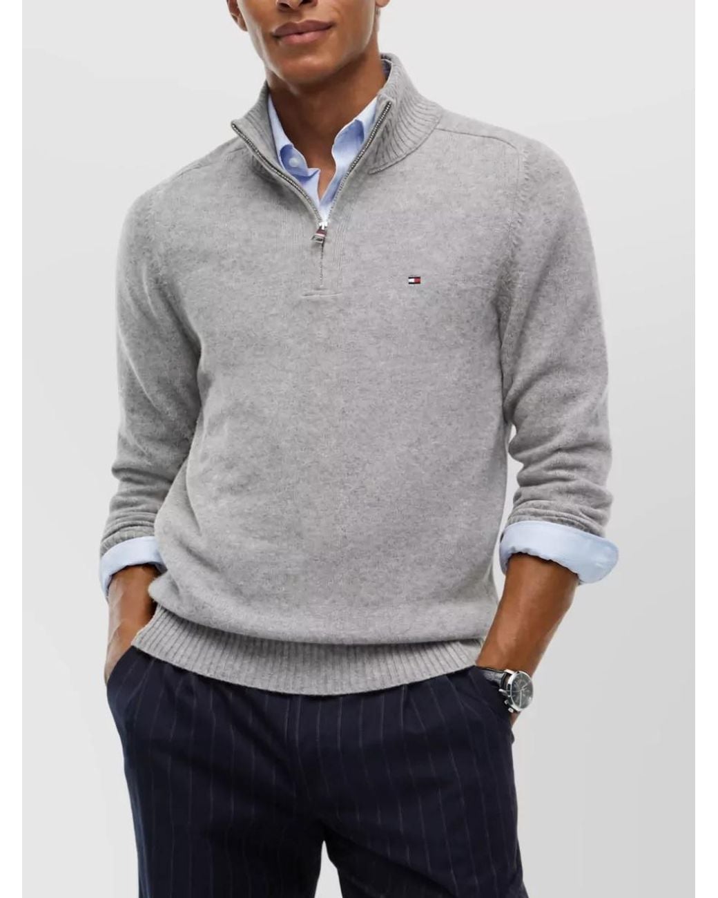 Tommy Hilfiger Gray Lambswool Ribbed Quarter-Zip Mock-Neck Jumper for men