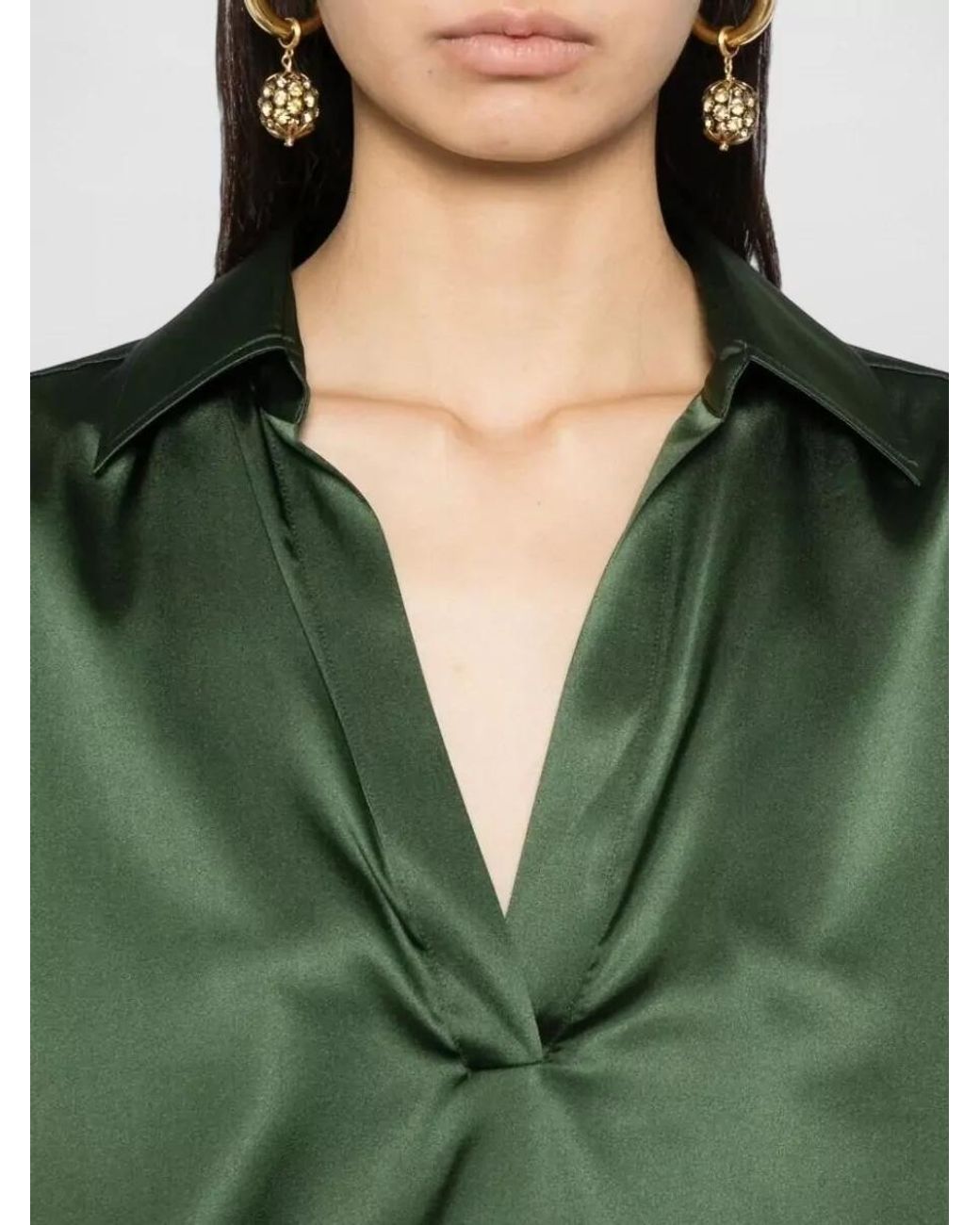 Tom Ford Green Silk Satin Stretch Long-Sleeve Polo Shirt