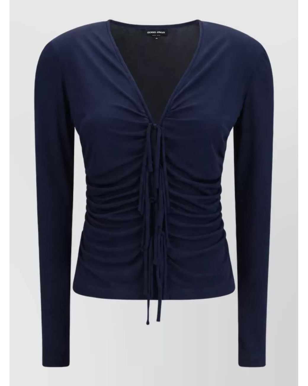 Giorgio Armani Blue Viscose Ruched V-Neck Long-Sleeve Top