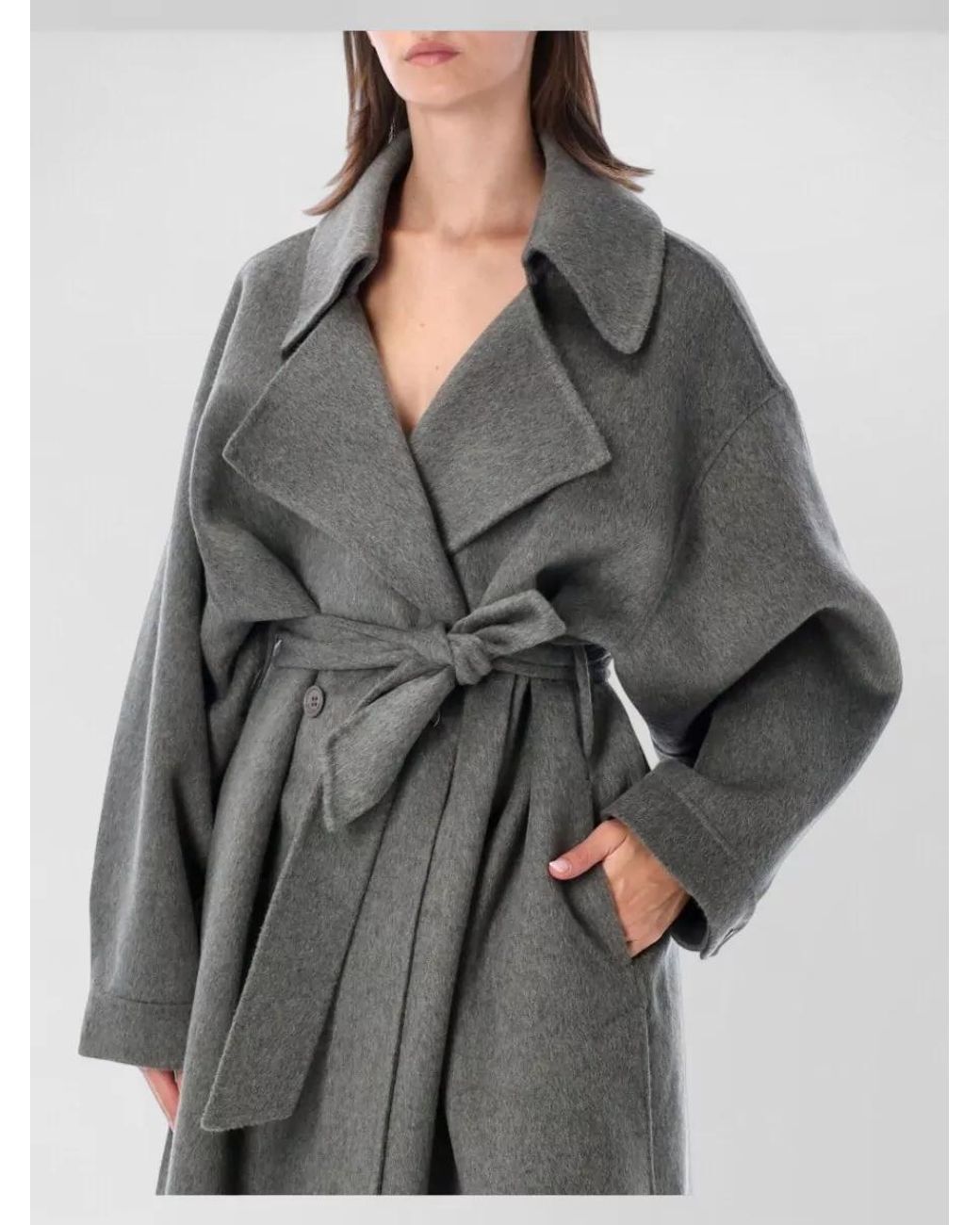 Frankie Shop Gray Wool Oversized Double-Breasted Belted Trench Coat