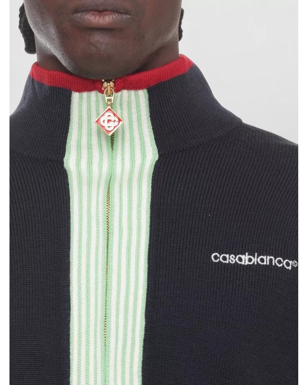 Casablanca Blue Merino Wool Ribbed High-Neck Zip Jacket for men