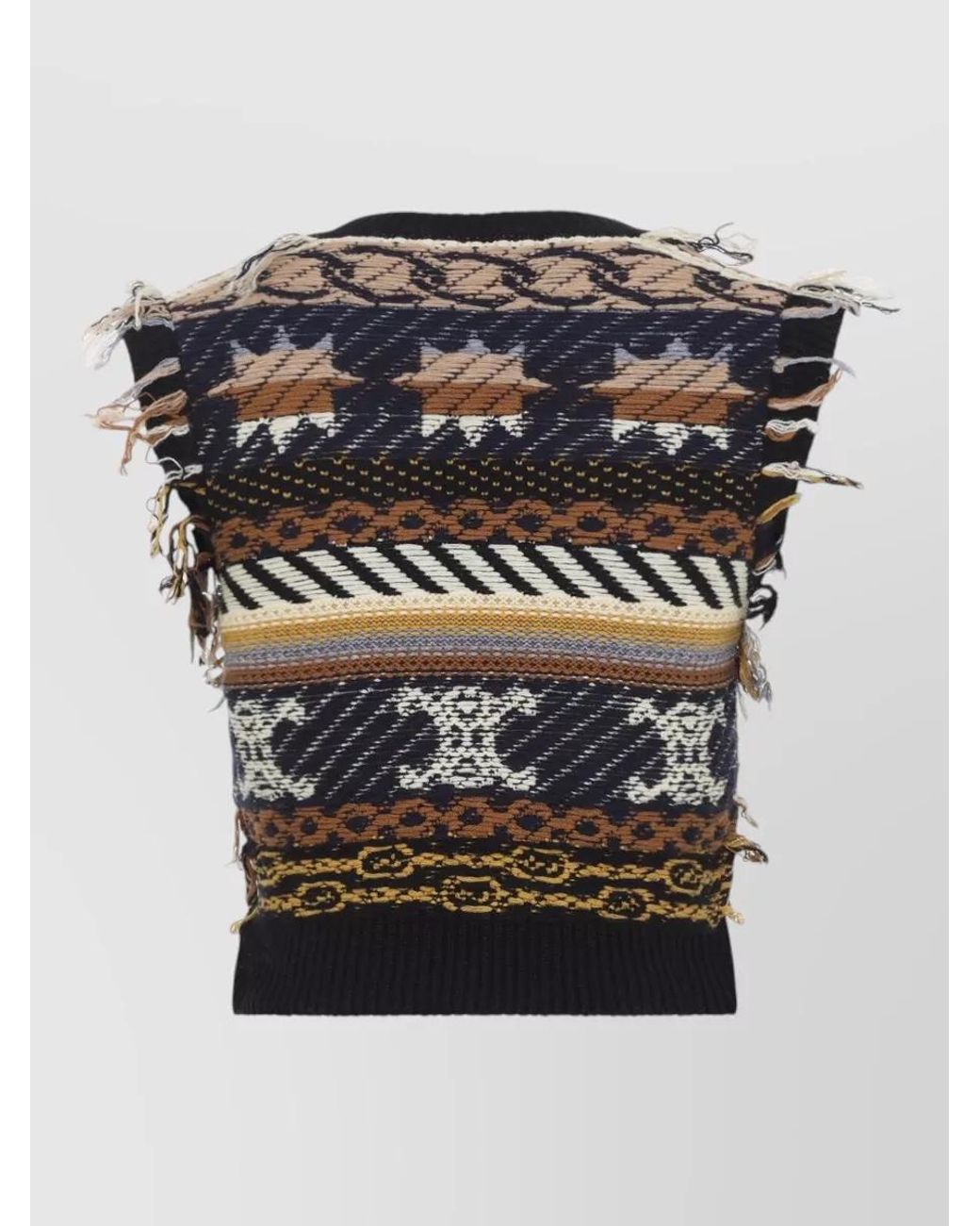 Céline Black Knitwear V Neck Sleeveless Fringe Ribbed Hem